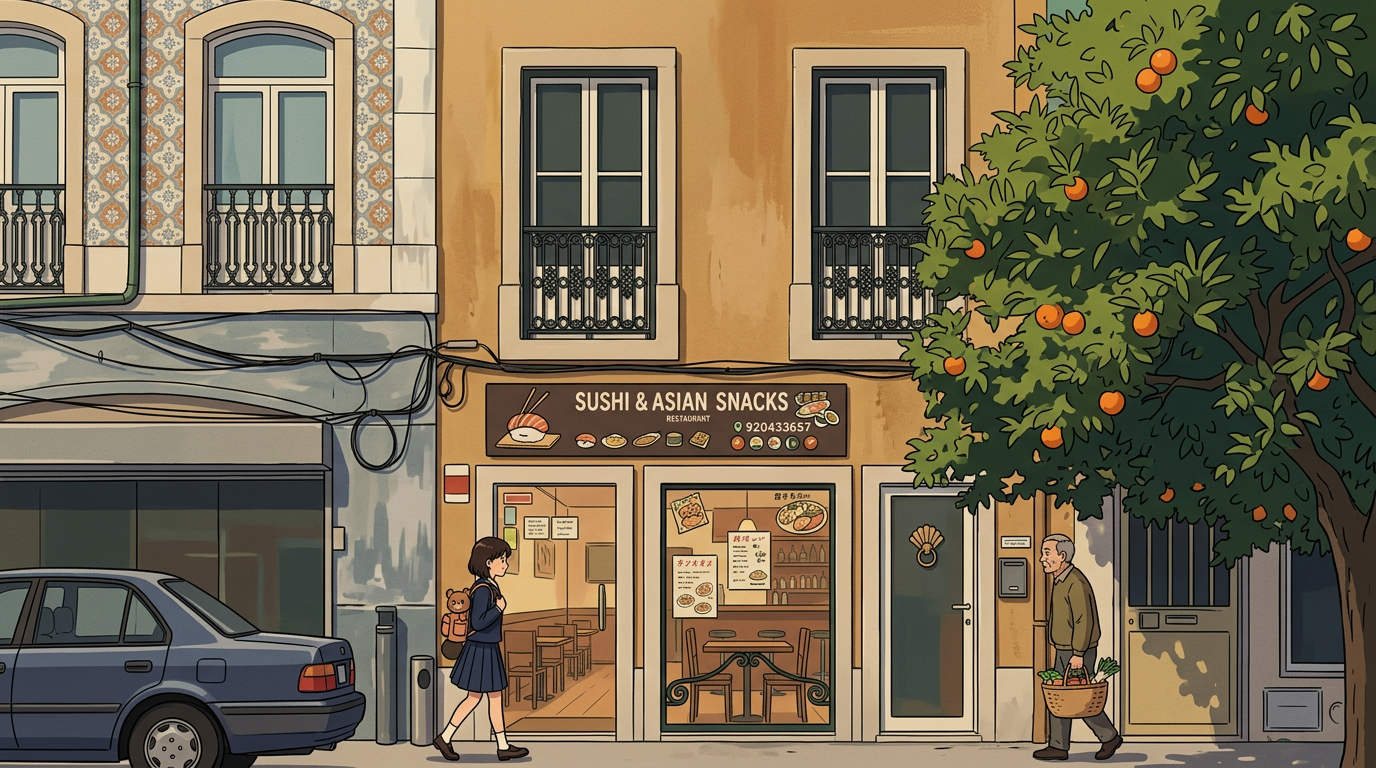 SUSHIVN — exterior do restaurante em estilo anime